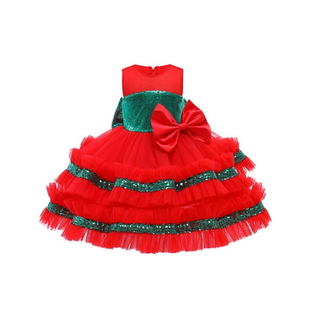 

Bebiullo Flower Girl Lace Dress Pageant Kids Christmas Party Dresses Wedding Baptism Christening Tutu Gown Red 1-2 Years