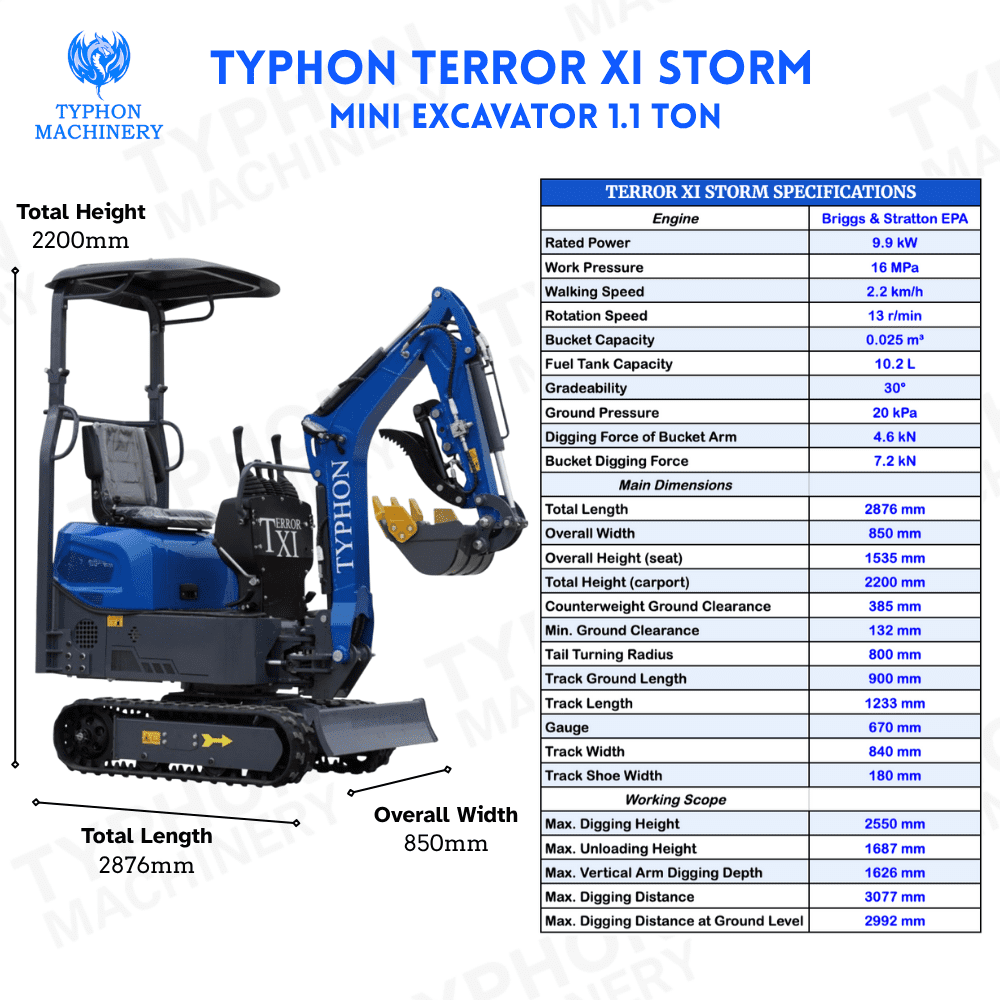 TYPHON Storm Mini Excavator - 1.1 Ton Trench Digger with Boom Swing, Bucket