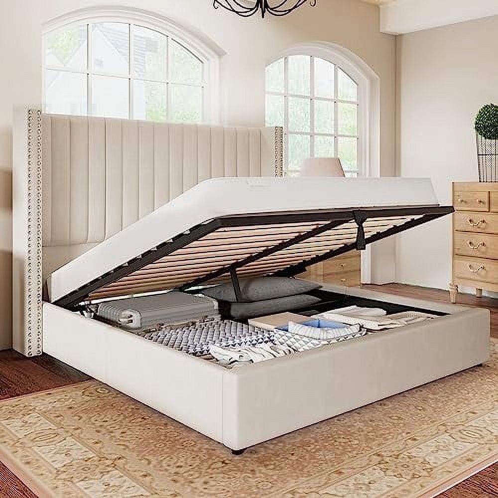 Merluxy Queen Bed Frame Lift Up Storage Bed, Velvet Queen Upholstered Bed Frame Channel Tufted Wingback Headborad/No Box Spring Needed/Cream
