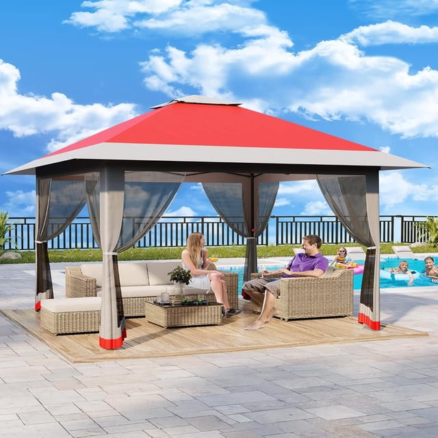 Eastvita Gazebo Instantané 13 X 13 Pi avec Moustiquaire, Hauteur Réglable, Double Toit, Résistant aux UV (Rouge + Gris Pâle)