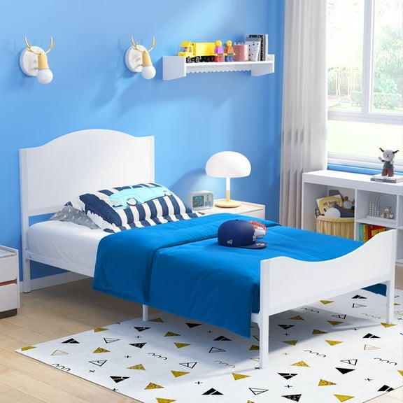 Yoneston Kids Twin Metal Platform Bed Frame with Wooden Headboard for Children, Teens Boys & Girls, No Box Spring Needed, White