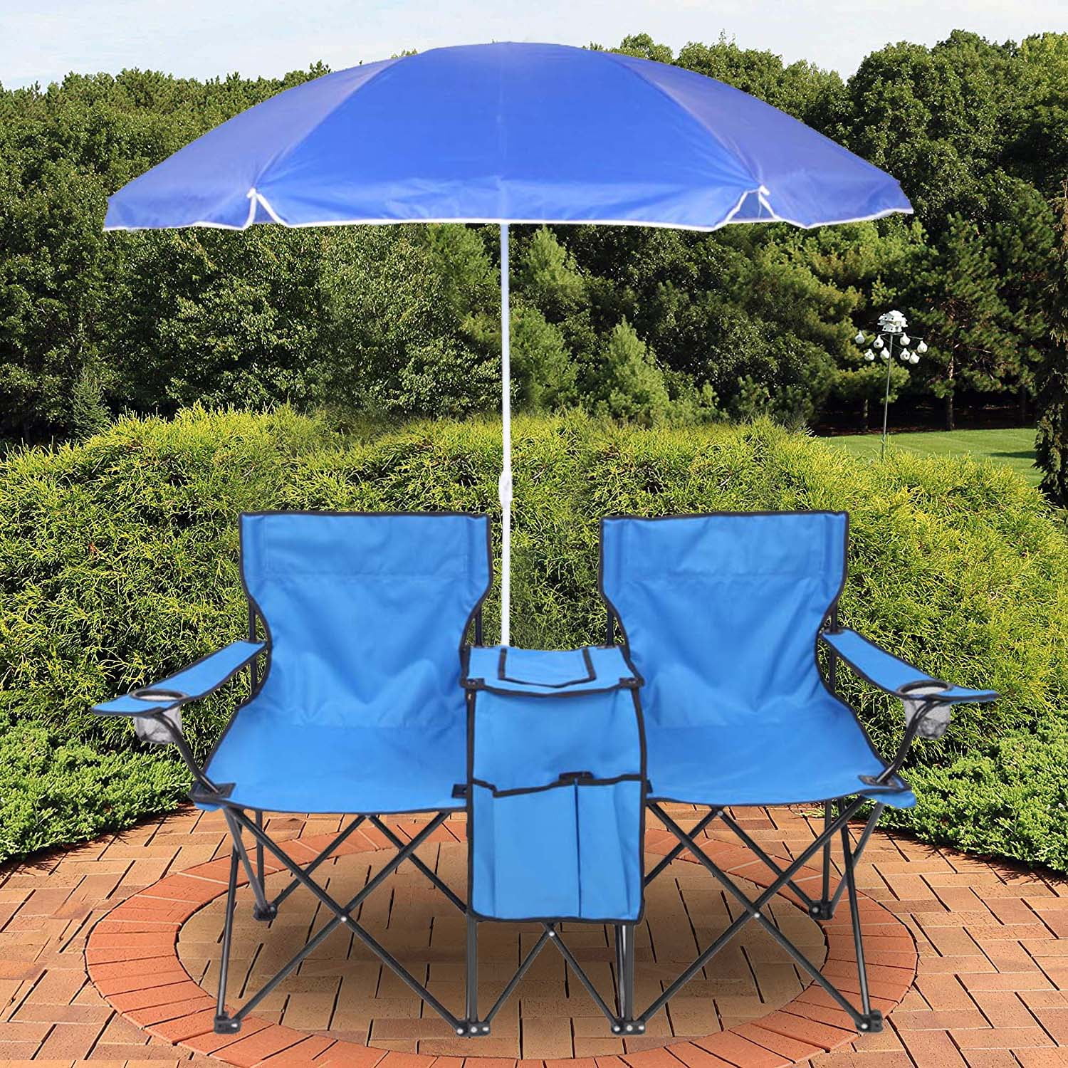 Portable 2-Seat Folding Chair Picnic Camping with Removable Sun Umbrella Outdoor 