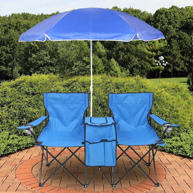 2-Seat Beach Camping Chair W/ Anti-UV Umbrella, Fishing Camping Chair W/ Cup Holder Carrying Bag Cooler Pouch, Outdoor Folding Stool Beach Leisure Chair, Camping Portable Chair for Patio Park, T130
