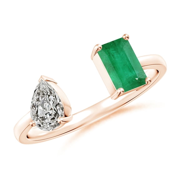 ANGARA Natural Two-Stone Emerald-Cut Emerald & Pear Diamond Open Ring in 14K Rose Gold for Women (Size-6x4mm) | May Birthstone, Birthday, Anniversary, Jewelry Gift for Women | Natural Emerald Ring