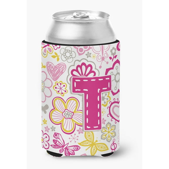 Letter T Flowers and Butterflies Pink Can or Bottle Hugger
