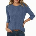 thumbnail image 2 of T-Shirt Décontracté pour Femme à Col Rond, Rayé Givré, Couleur Unie, Manches Trois-Quarts, pour un Confort et un Style au Quotidien, 2 of 7