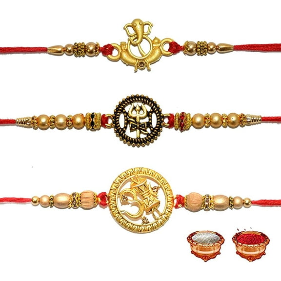 Rakhi for Brother Set of 3 Combo Rakhi Shiva Trishul OM Design with Damru Ganesha Rakhi Handmade Bracelets Blessing of Shiva and Ganesh Raksha Bandhan Festival
