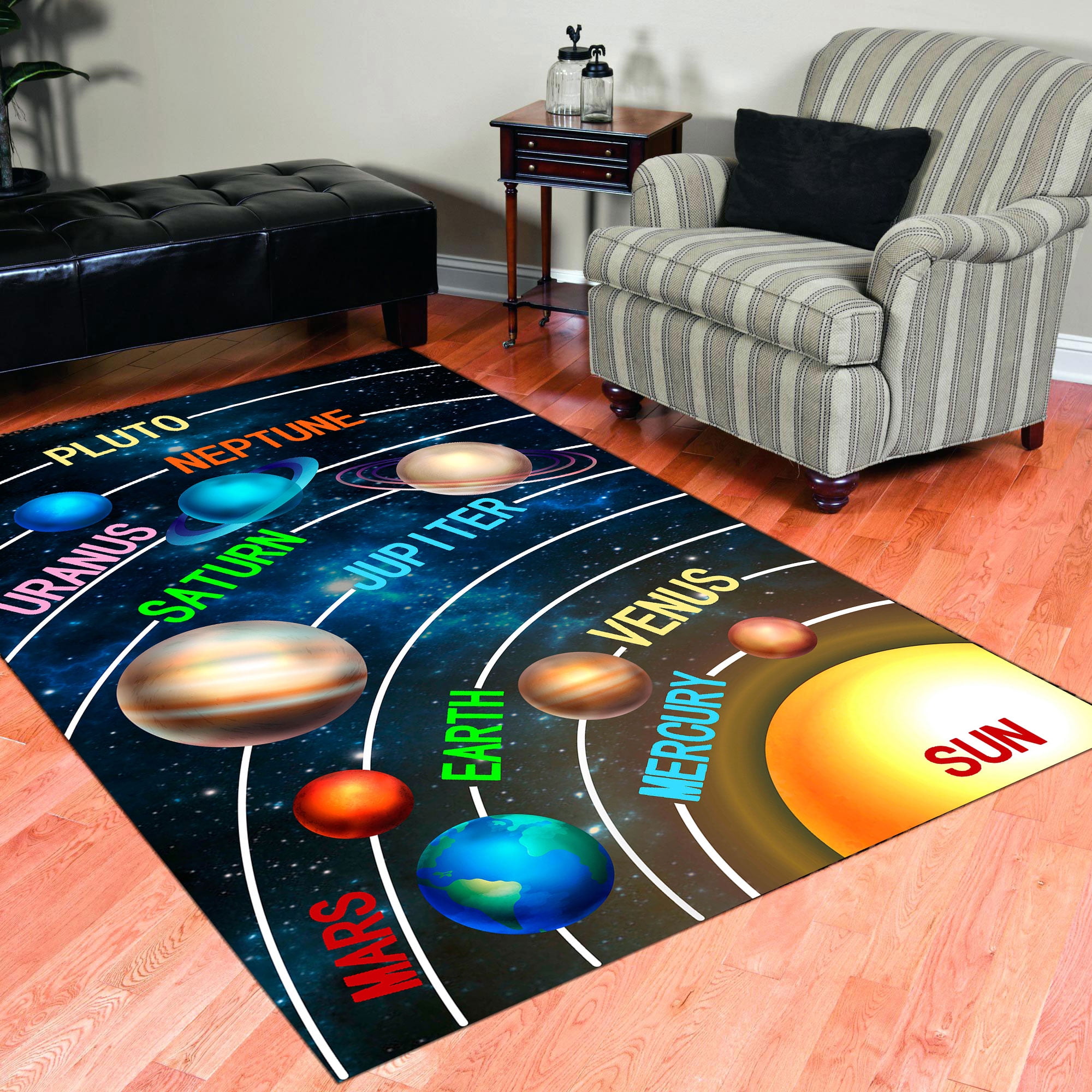 Outer space, solar system planet educational kids area rug, non skid