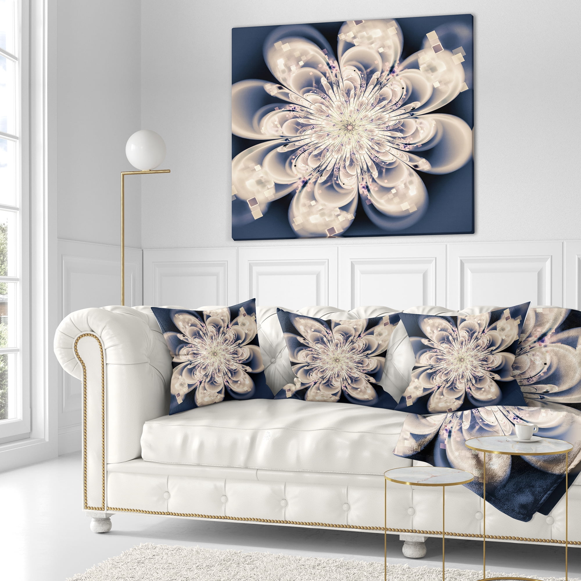 Designart White Fractal Flower - Modern Floral Throw Pillow - 18x18