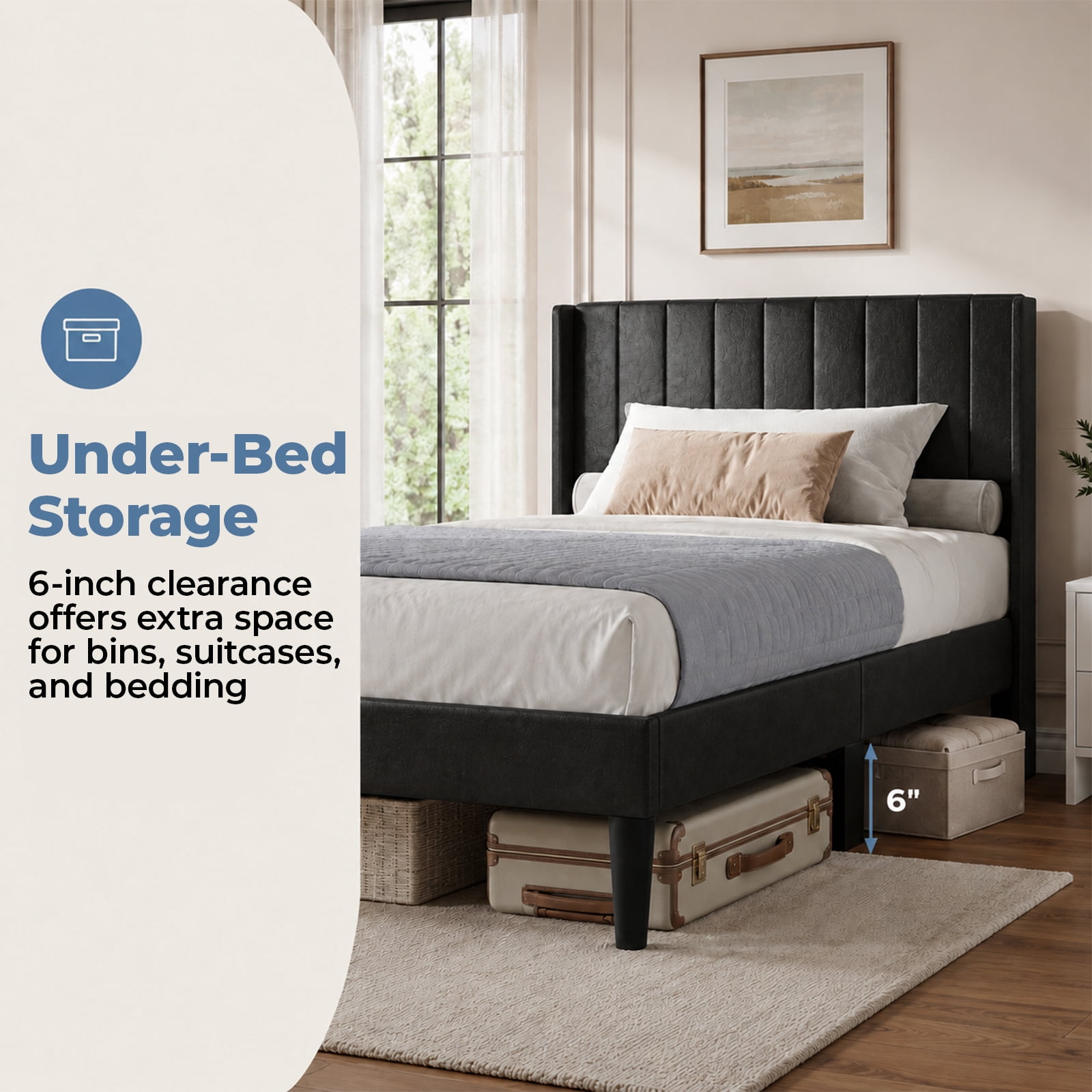 Alvantor Upholstered Bed Frame, Fabric-covered Wing-shaped Headboard and Wooden Crossbars, Bed Frame with Storage Space, Easy Assembly, Noise Free, No Box Spring Needed