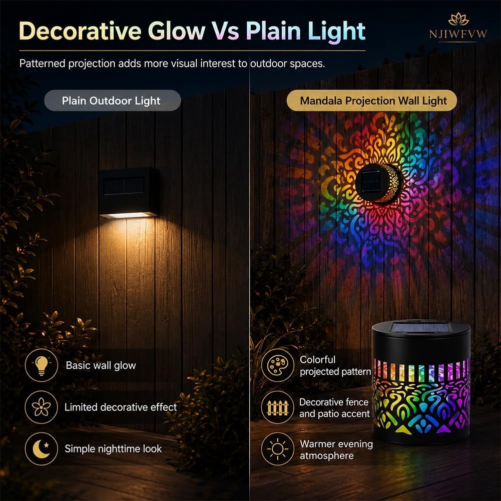 2-Pack Solar Mandala Wall Light, 7-Color Changing Projector Lamp For Fence, Garden, Patio & Yard - Waterproof Metal Outdoor Decor