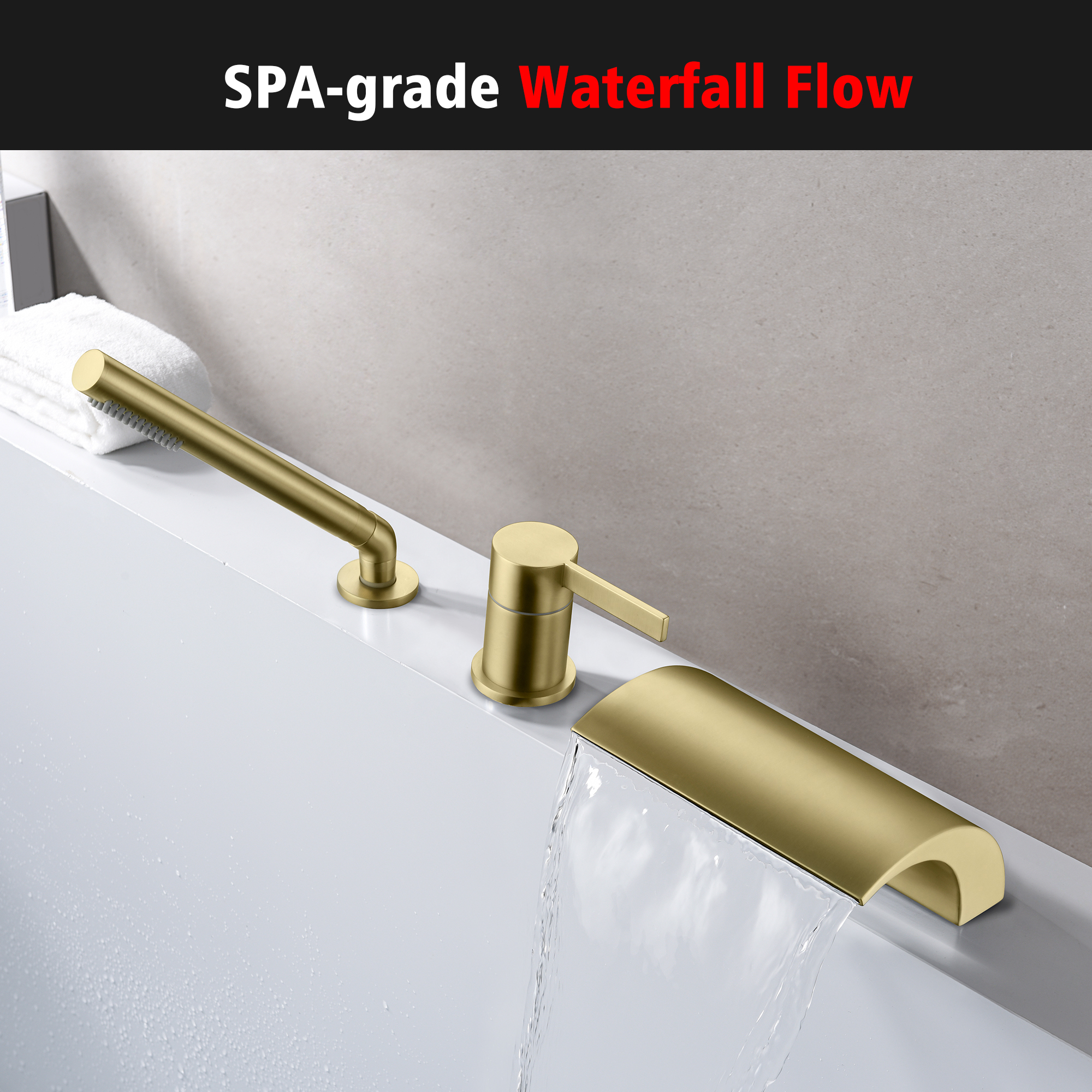 SUMERAIN Waterfall 3 Holes Roman Tub Faucet Brushed Gold, High Flow Bathroom Tub Filler with Handheld Shower