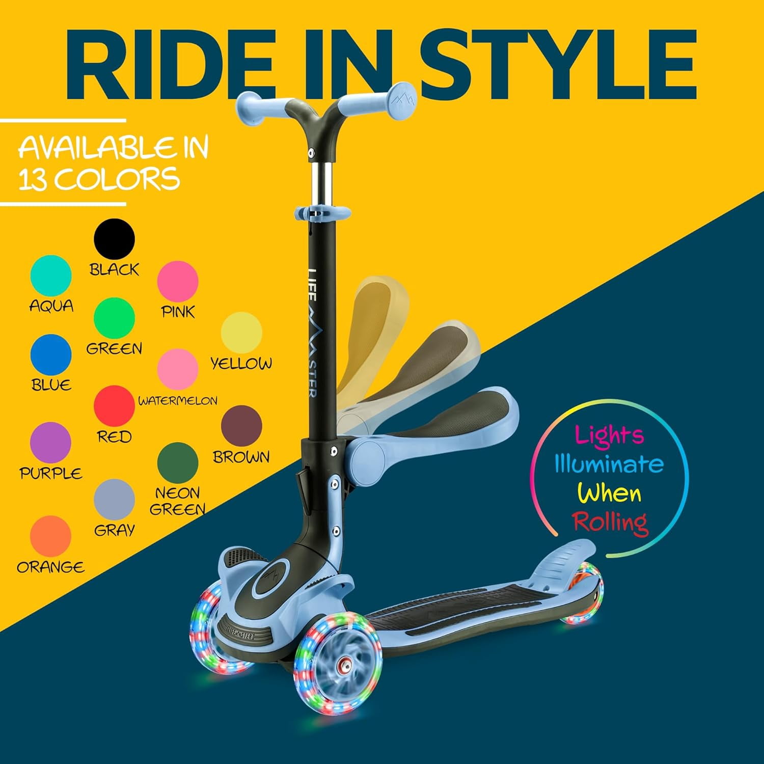 Lifemaster 3 Wheel Kids Scooter with Foldable Seat, Adjustable Handlebar, Lean-to-Steer LED Light-Up Wheels, Wide Anti-Slip Deck for Ages 2+