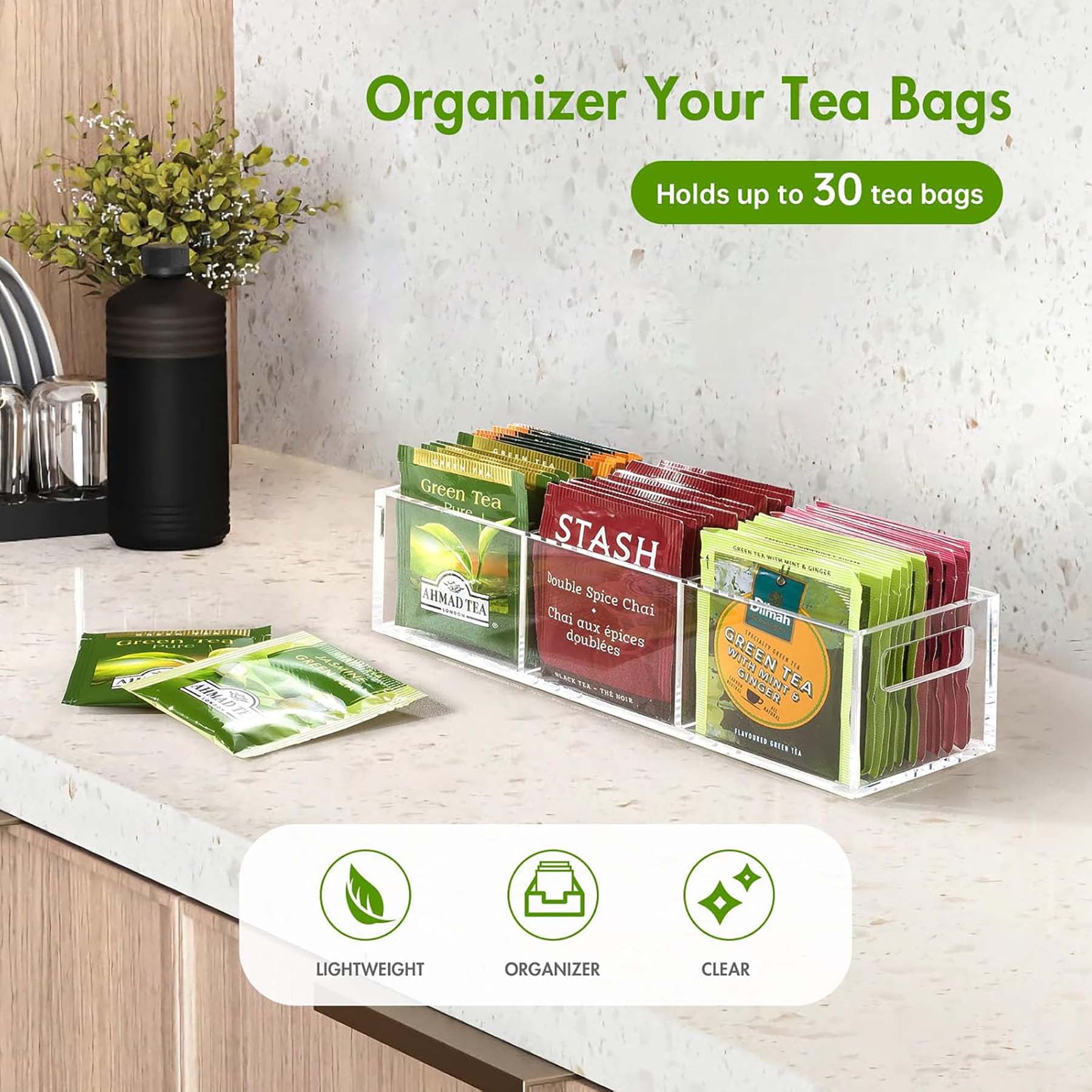 Tea Bag Organizer for Tea Bags, Small Acrylic Teabag Holder Organizer, Clear Tea Caddy for Tea Bags Organizer, Tea Bag Storage Station,Tea Bar Accessories for Countertop Cabinet Drawer