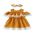 thumbnail image 1 of 2 Pcs Infant Floral Lace Outfits  Girls Cold Shoulder Contrast Color  Neck Dress + Bow Headband, 1 of 7