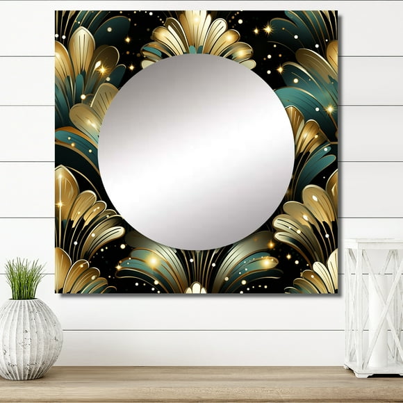 Designart "Glamorous Art Deco In Gold & Emerald I" 0 Gold Large Square Mirror - Square Bedroom Mirror Printed Wall Decor - Glam Square Printed Wall Mirror Art