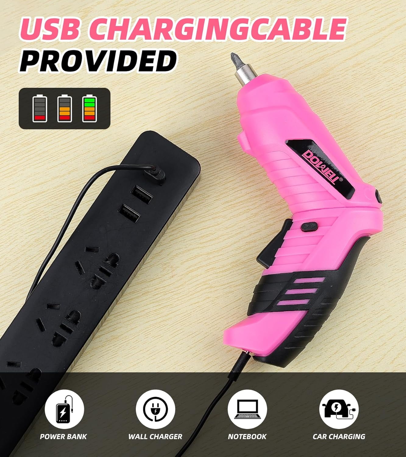 DOWELL Power Electric Cordless Screwdriver Set Rechargeable 3.6V Power Screwdriver Kit Tools for Women with 28pcs Accessories Pink