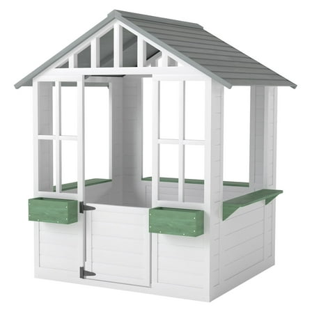 Kids Wooden Playhouse, Outdoor Garden Cottage with Flower Pot Holder, White - Backyard Play House for 3-8 Year Olds