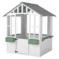 Kids Wooden Playhouse, Outdoor Garden Cottage with Flower Pot Holder, White - Backyard Play House for 3-8 Year Olds