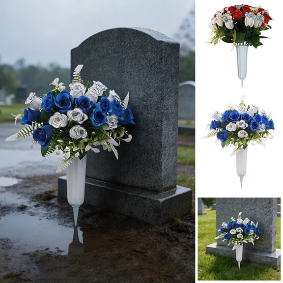 Cemetery Rose Bouquet with Vase, 18 Black-edged Rose Heads Create a Dignified Memorial Arrangement, Ground-stake Floral Decoration for Gravesites Gardens and Remembrance, Red