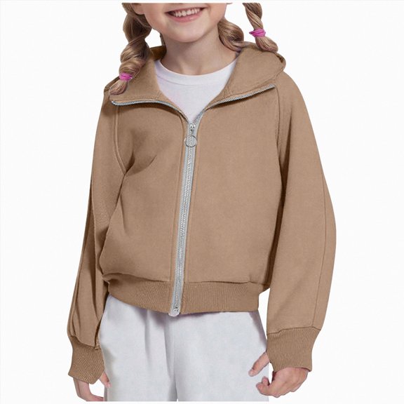 Nwiuh Girls Quilted Zip Up Hoodie Kids Fashion Long Sleeve Jacket | Hooded Full Zip Sweatshirt with Pockets, Breathable Fabric, School Casual Outfits, Fall Clothes (Khaki, 4-5 Years)