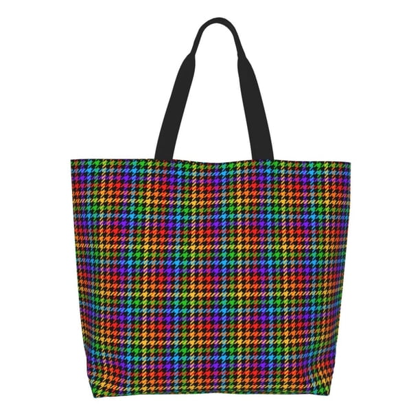 Disketp Rainbow Houndstooth Bolsa Tote Estampada para Mujer, Bolso de Hombro y de Mano para Compras y Viajes