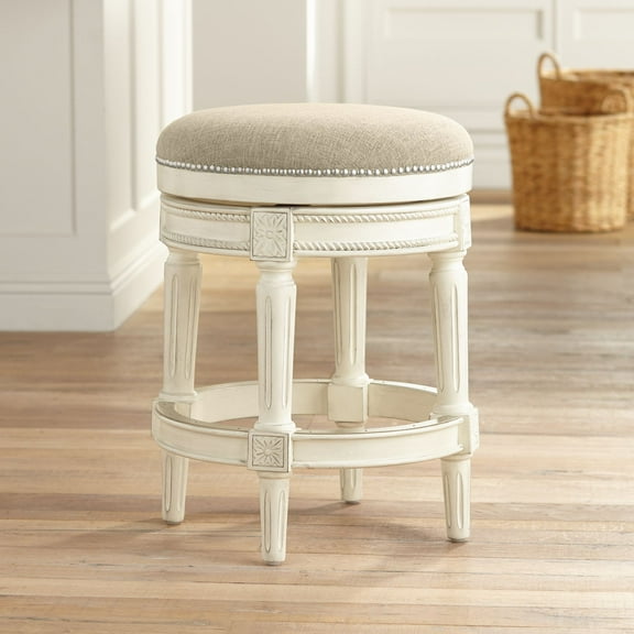 55 Downing Street Oliver Wood Swivel Bar Stool Distressed White 24 1/2" High Traditional Cream Round Cushion with Footrest for Kitchen Counter Island