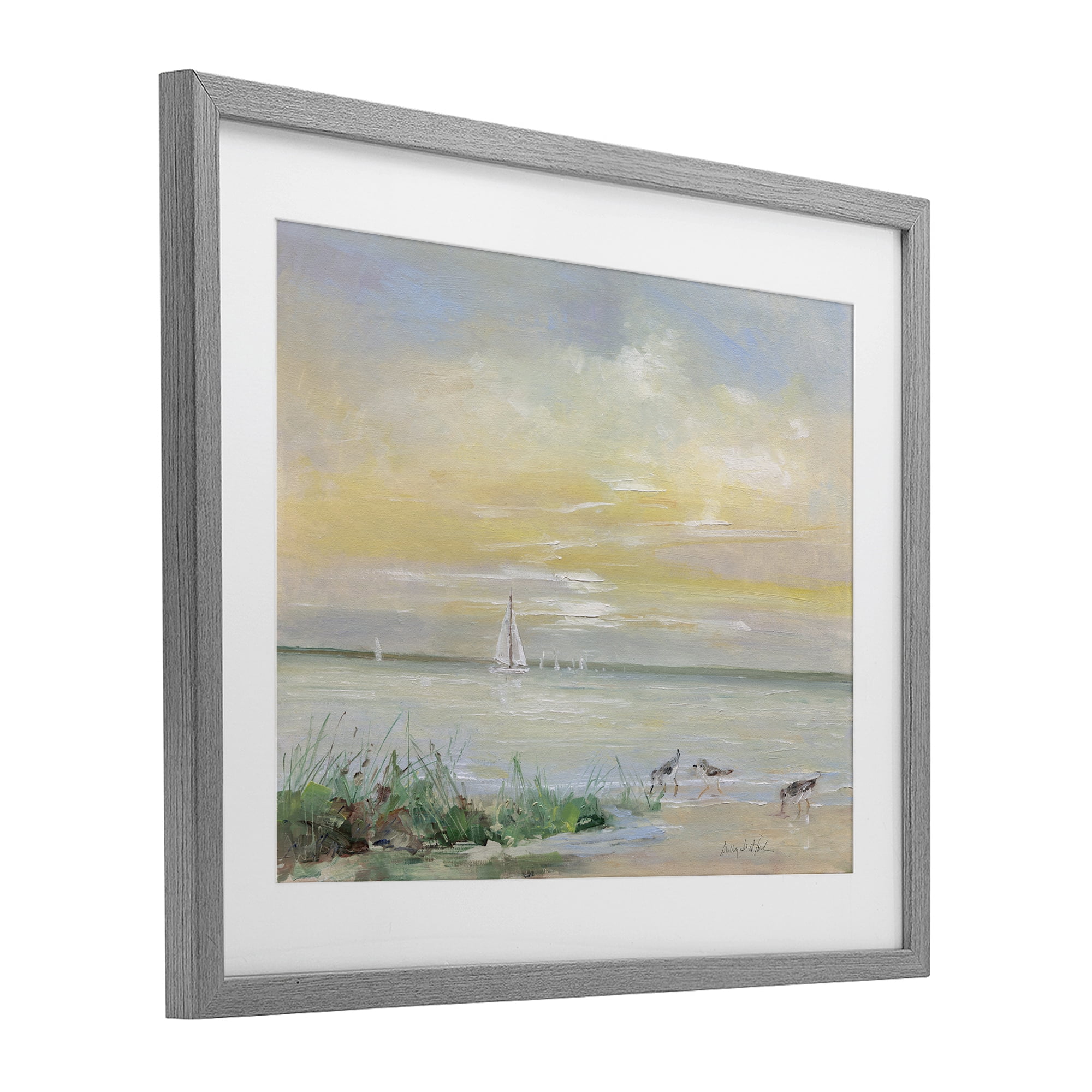 Stupell Industries Sailboats & Sanderlings Shore Gray Framed Print Under Glass, design by Sally Swatland