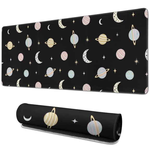 Long Mouse Pads for Desk,Black Planet Moon Pattern Desk Mats on Top Of Desks, Desk Mouse Pad Extra Large with 3mm Non-Slip Base and Stitched Edge for Gaming,Office,Work,Home 31.5"x11.8"