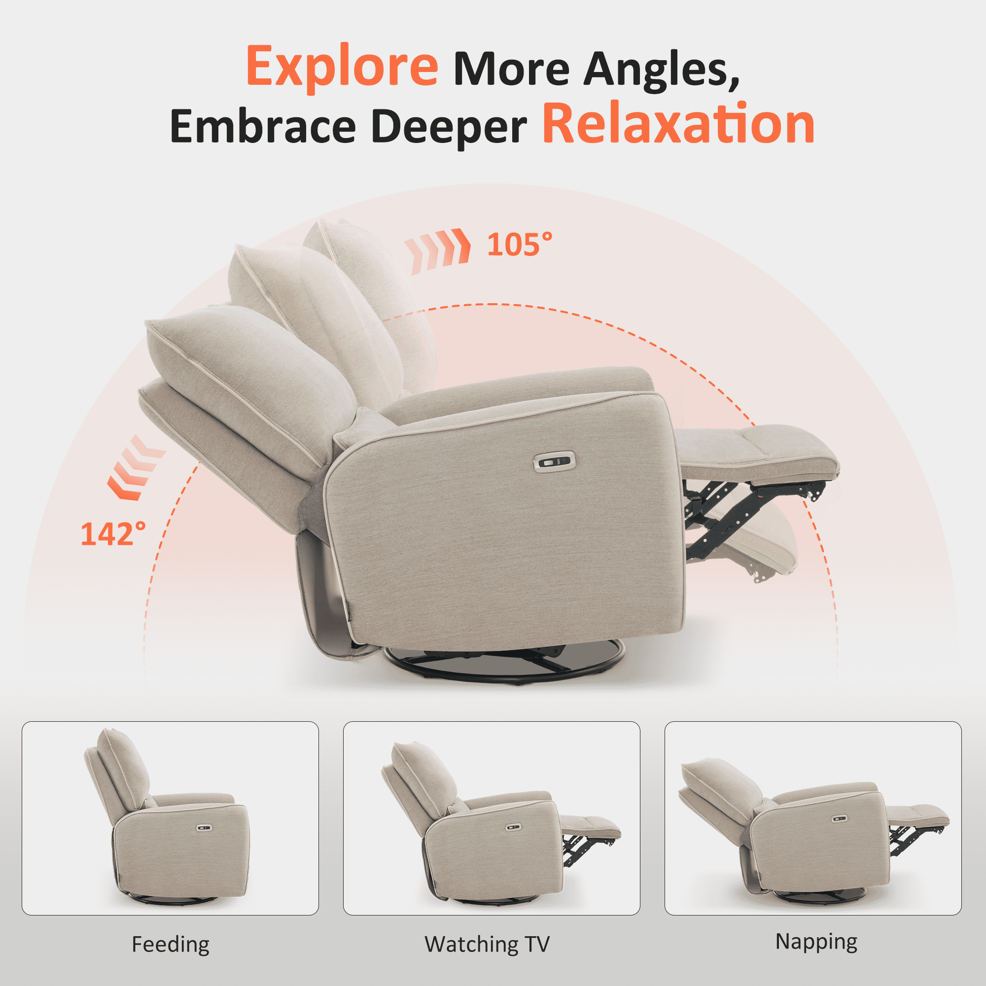 MCombo Power Swivel Glider Recliner Chair, Electric Rocker Recliner Chairs with USB Charging Ports for Living Room and Nursery, Fabric 6922 (Beige)
