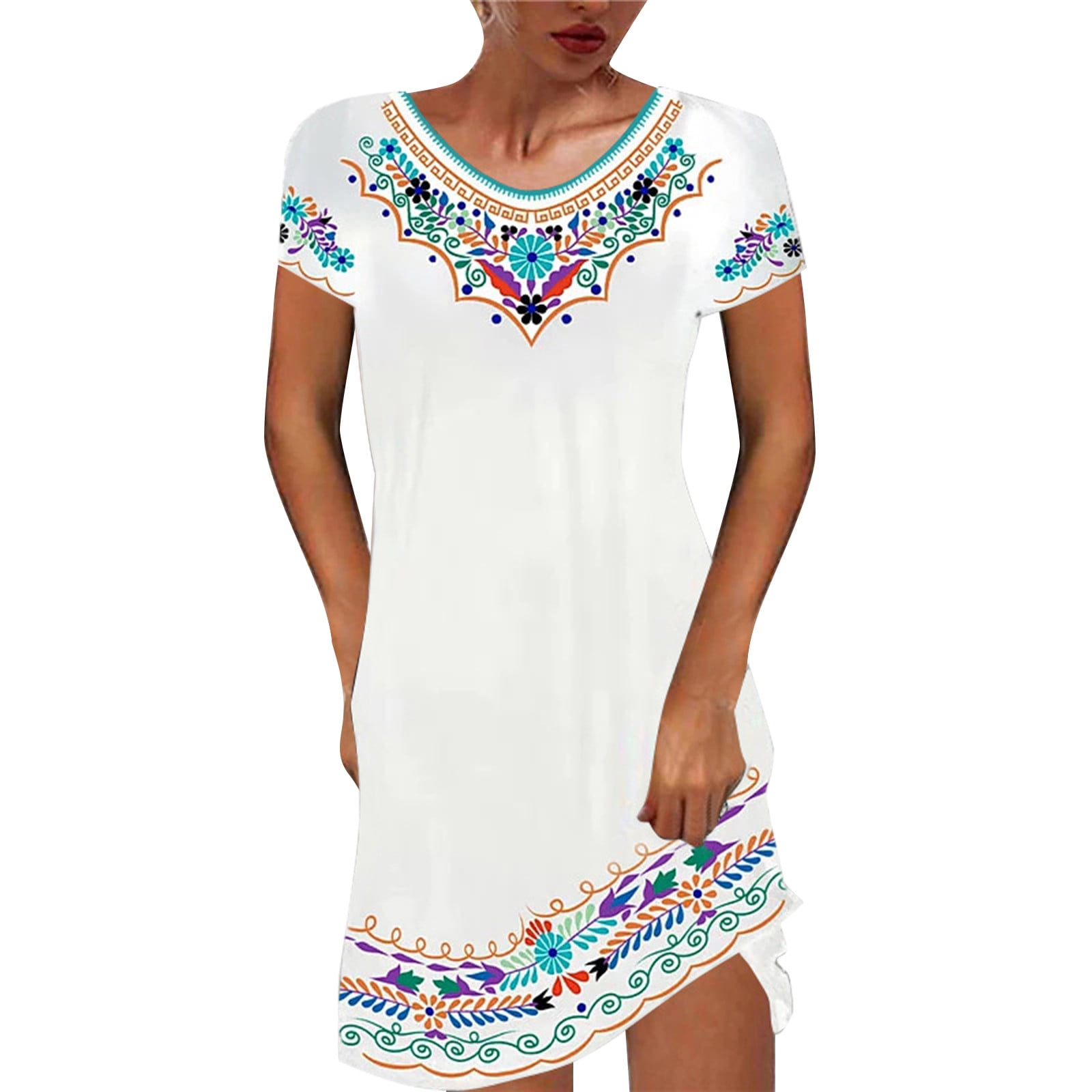 Women's Dresses Women Summer Dresses Floral V Neck Short Sleeve Tribal Print Casual Dress Ethnic