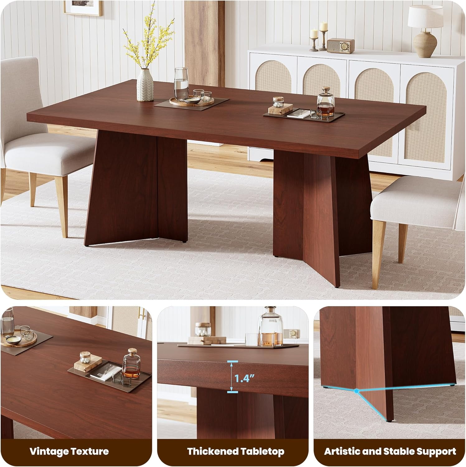 Dining Table for 6-8 People - 63" Modern Long Kitchen Table with Large Tabletop & Heavy Duty Pedestal Legs, Dinner Table for Kitchen, Conference Room, Home, Walnut