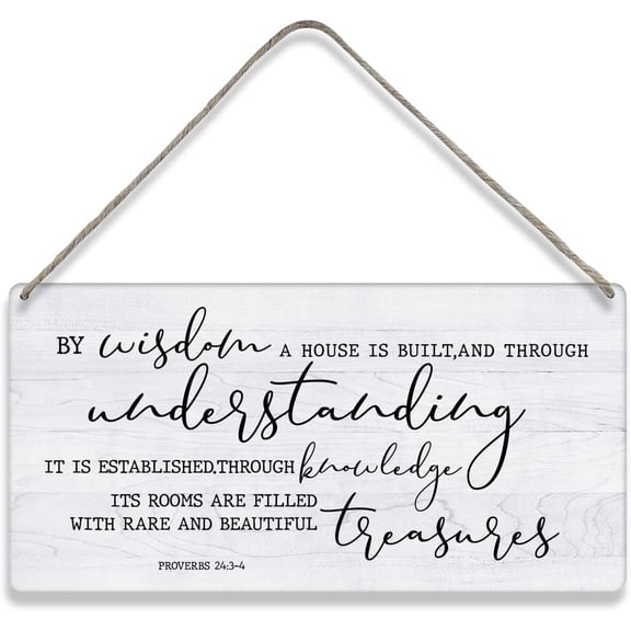 Bible Verse Home Wall Decor by Wisdom a House is Built Scripture Wooden Signs Rustic Hanging Wall Plaque Christian Sign 10x5 Inch