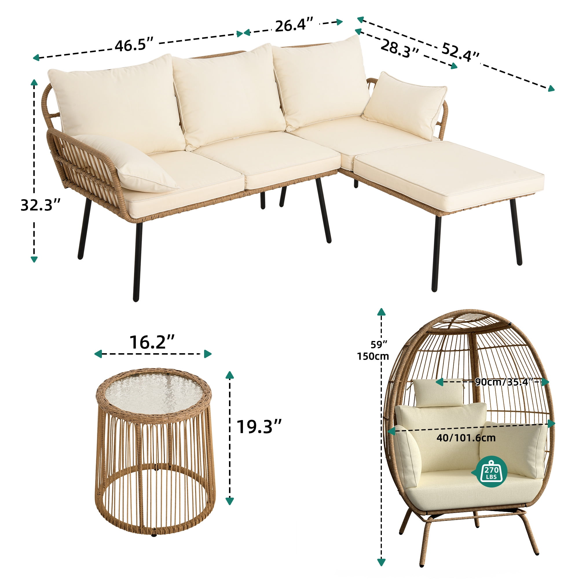 Uforic Boho Patio Conversation Sets,Outdoor Furniture Sofa Set - Club Lounge Chairs egg chair,L-Shaped Patio Sofa and Coffee Table & Cushions - Beige