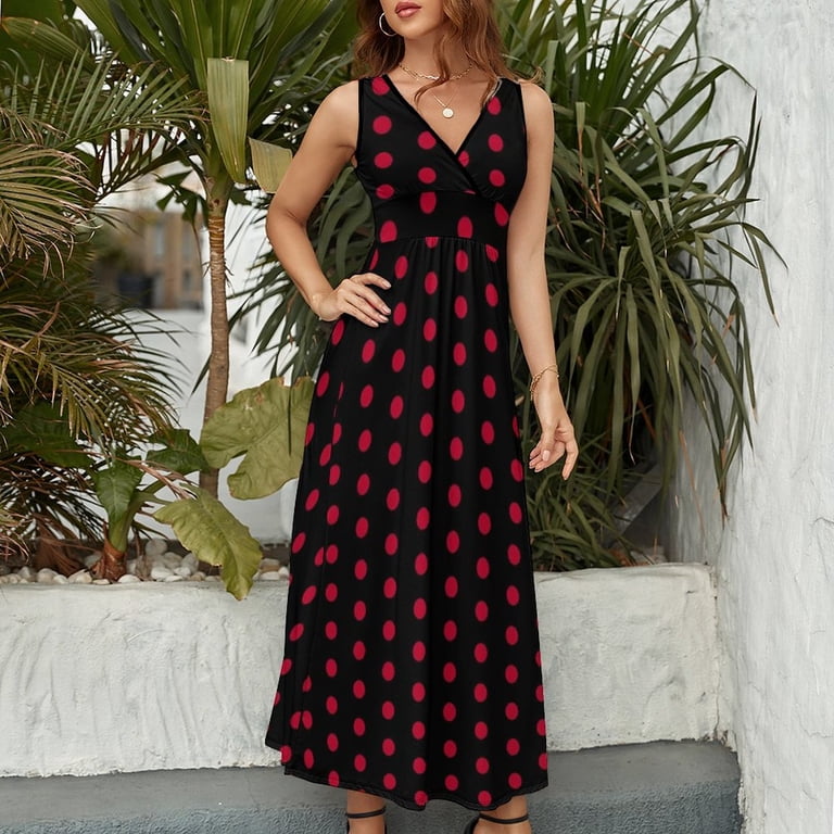 Maxi Dress Black with Red Polka Dot Dress Dotted 70S Vintage Sexy Street  Fashion Beach Long Dresses Graphic Oversized Vestidos
