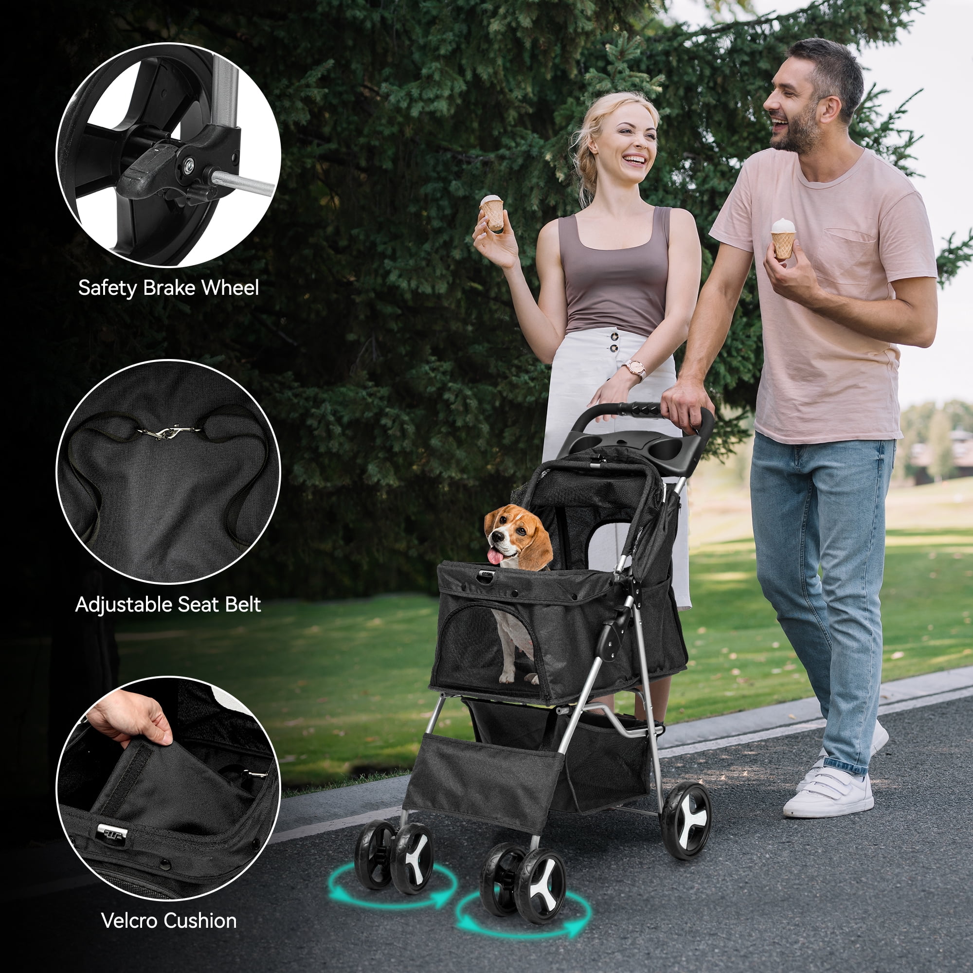 Dextrus 4 Wheels Dog Stroller for Medium Small Dogs, Foldable Pet Stroller with 360° Rotation Wheel, Cat Kitty Puppy Stroller with Storage Basket (Black)