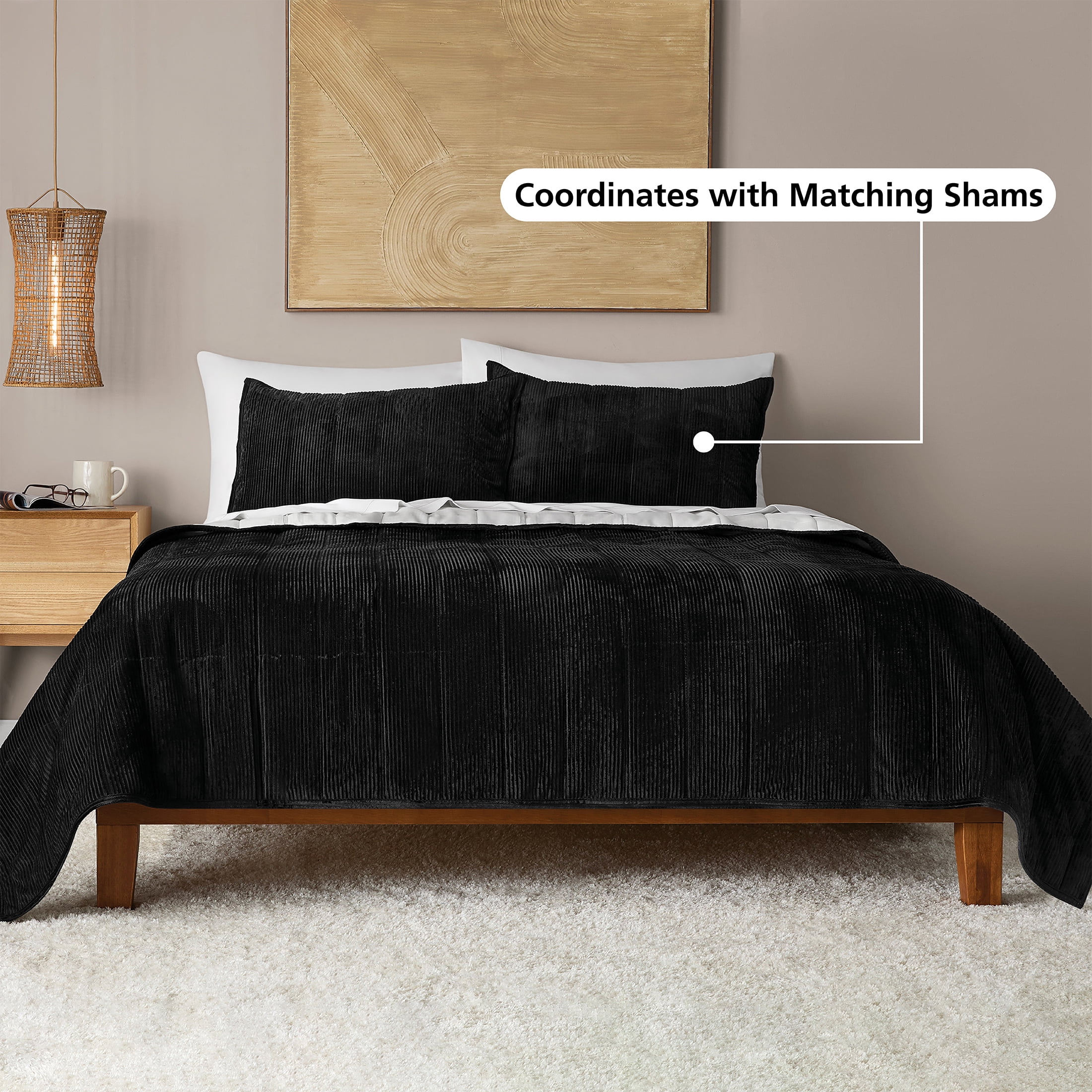 Mainstays Corduroy Quilt, Full/Queen, Black, Reversible Bedding