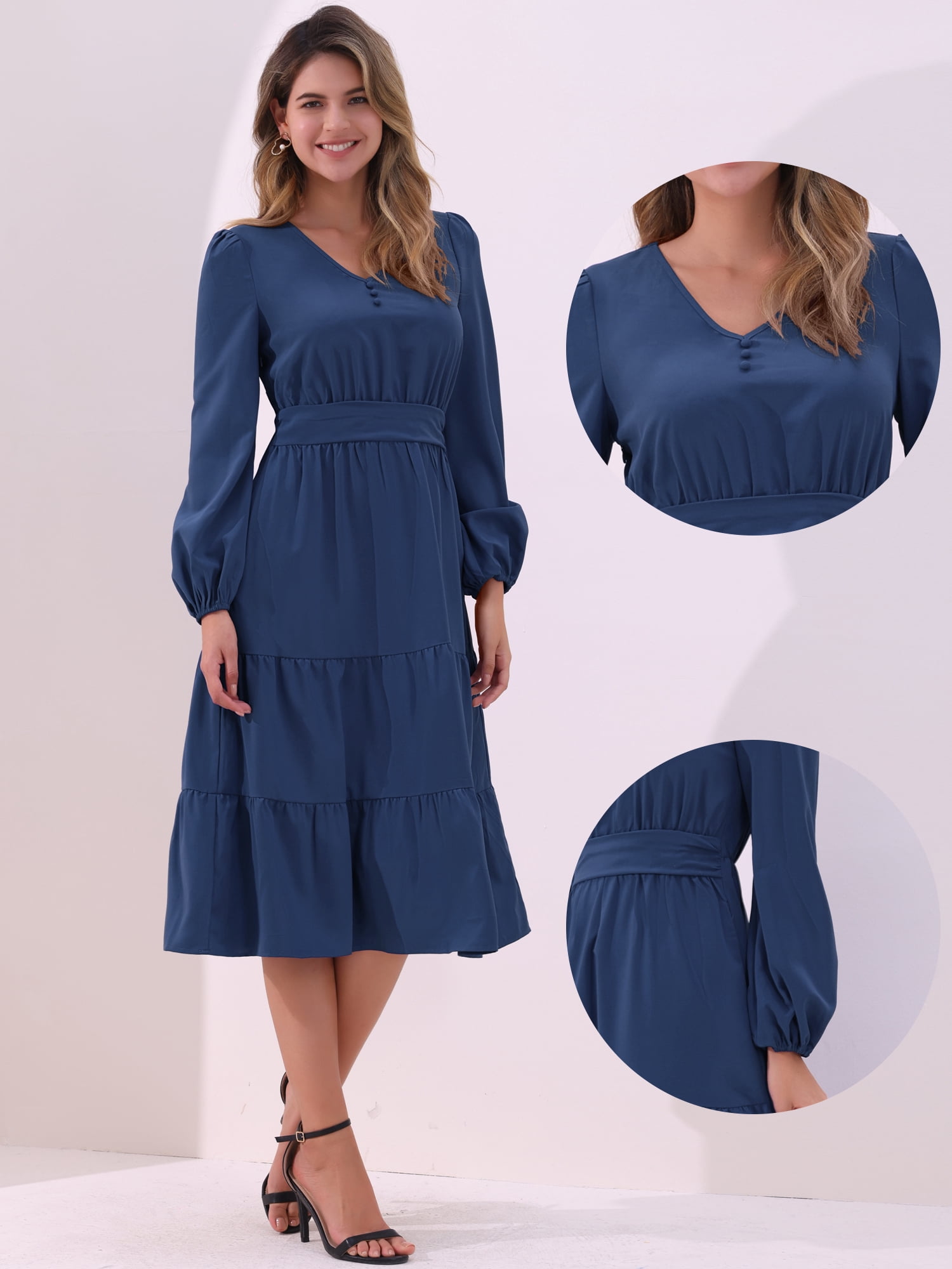 DARING DIVA V Neck Long Sleeve Ruffle Flowy Midi Dress L Dark Blue