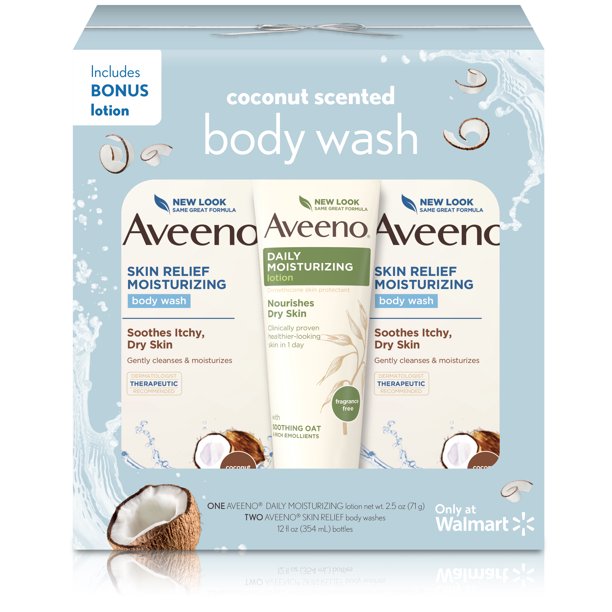 Aveeno Skin Relief Moisturizing Body Wash Gift Set with Coconut Scent with Bonus Aveeno Daily