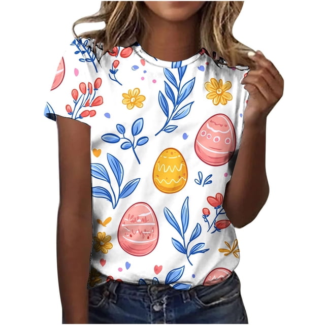 Pisexur Hauts pour Femmes Blouses Décontractées Élégantes Imprimé de Pâques Manches Courtes Col Rond, Grande Taille Multicolore, 2TG