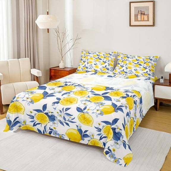 Manfei Lemon Print Twin Sheet Sets,Lemon Botanical Twin Fitted Sheet,Yellow Blue White Flat Sheet For Girls,Super Cozy Room Decor,3 Pieces