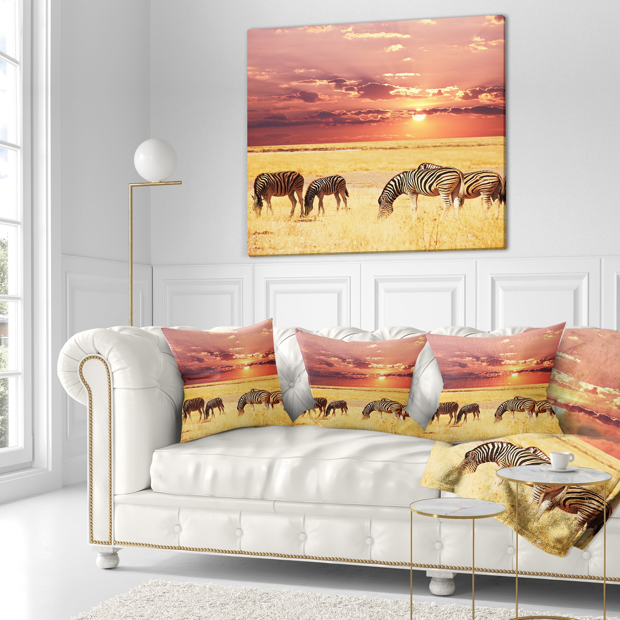 Designart Zebras Grazing Together at Sunset - Modern Landscape Printed Throw Pillow - 18x18