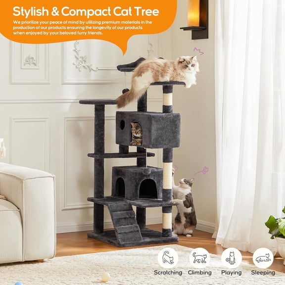 TINKLE WELL 54-Inch Cat Tree & Condo Scratching Post Tower, Anti-Tipping, Dark Gray
