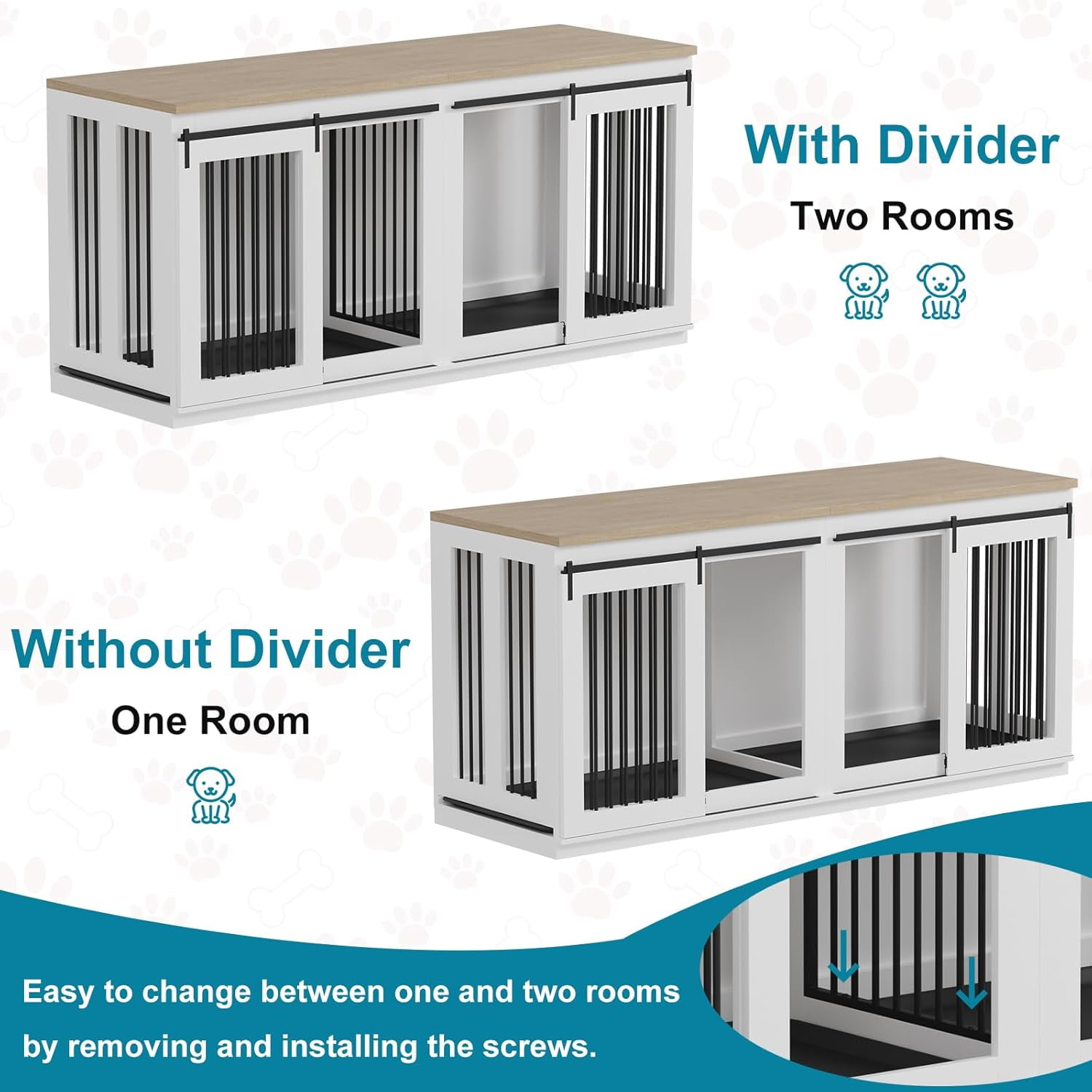 Spacious 71" Wooden Dog Crate for 2 Dogs, Stylish Heavy-Duty Dog House with Divider and Dual Trays, Perfect as Indoor Furniture or TV Stand