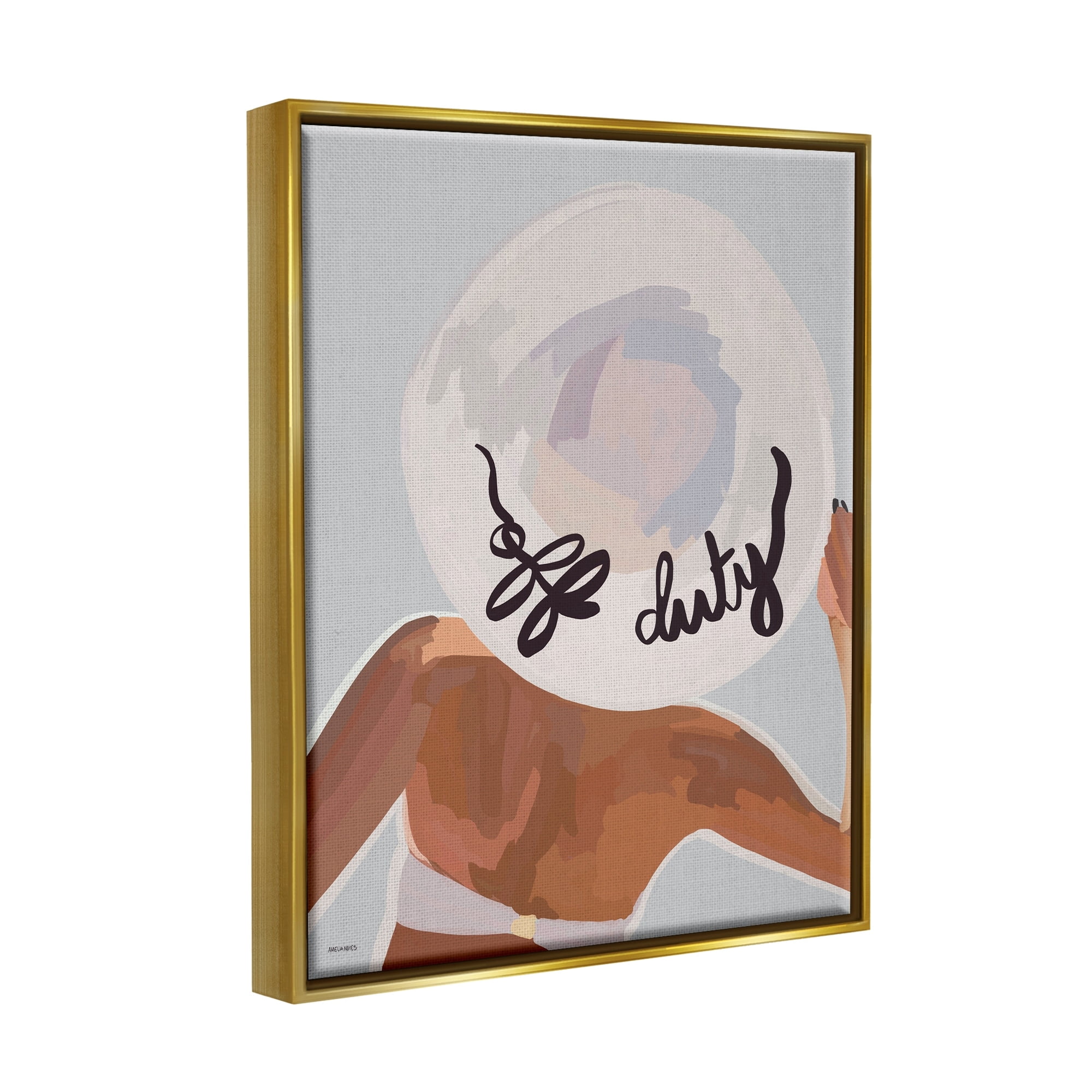 Stupell Industries Off Duty Relaxing Summer Vacation Beach Woman Graphic Art Metallic Gold Floating Framed Canvas Print Wall Art, Design by Amelia Noyes