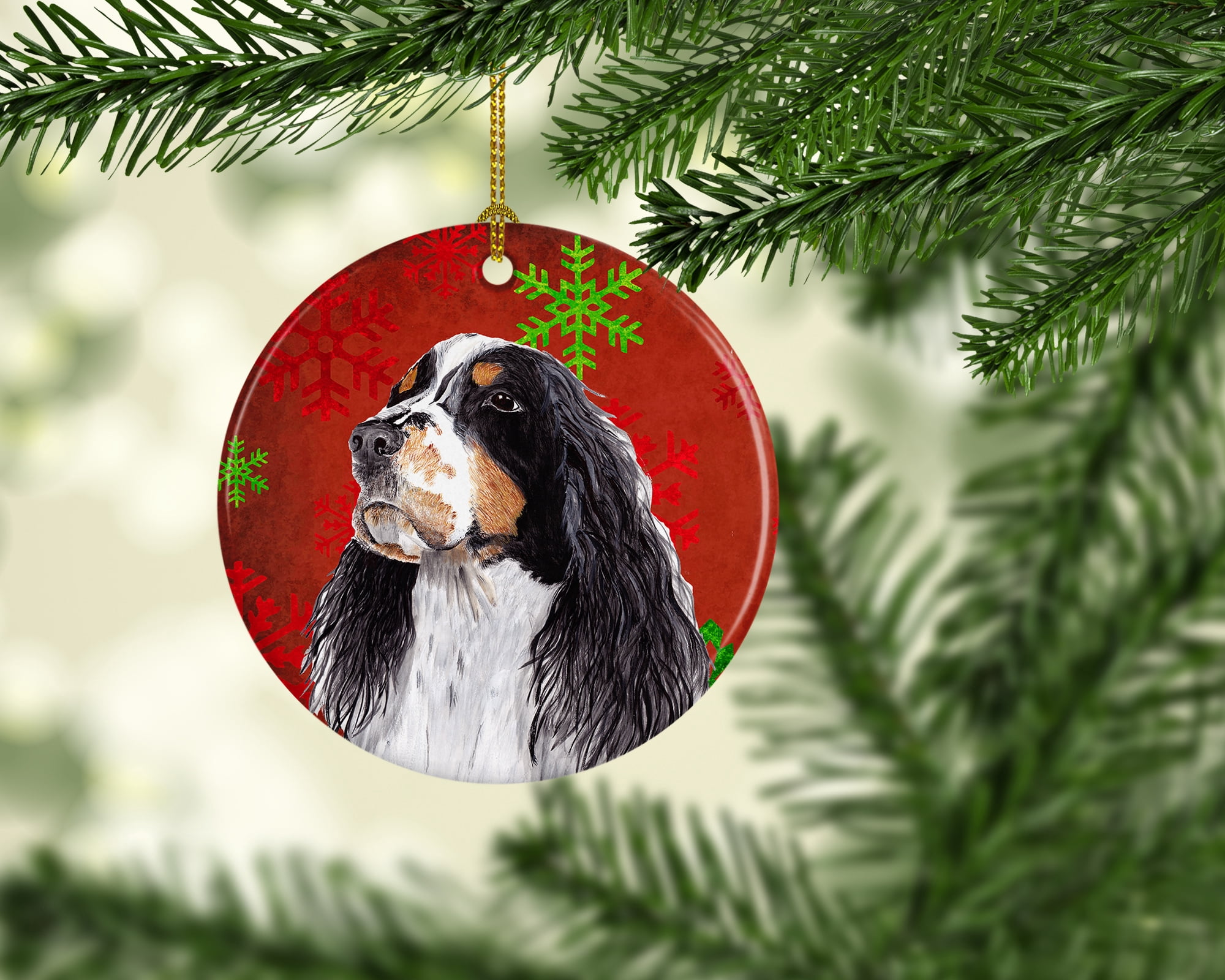 Carolines Treasures SC9401-CO1 Springer Spaniel Red Snowflakes Holiday Christmas Ceramic Ornament, Multicolor