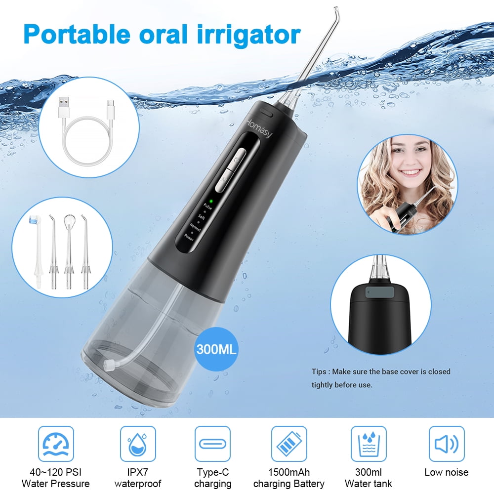 Homsay Cordless Water Flosser, Portable Dental Teeth Cleaner, 300ML Tank USB Rechargeable Dental Oral Irrigator for Home and Travel, 4 Modes , IPX7 Waterproof, Easy-to-Clean（Black）
