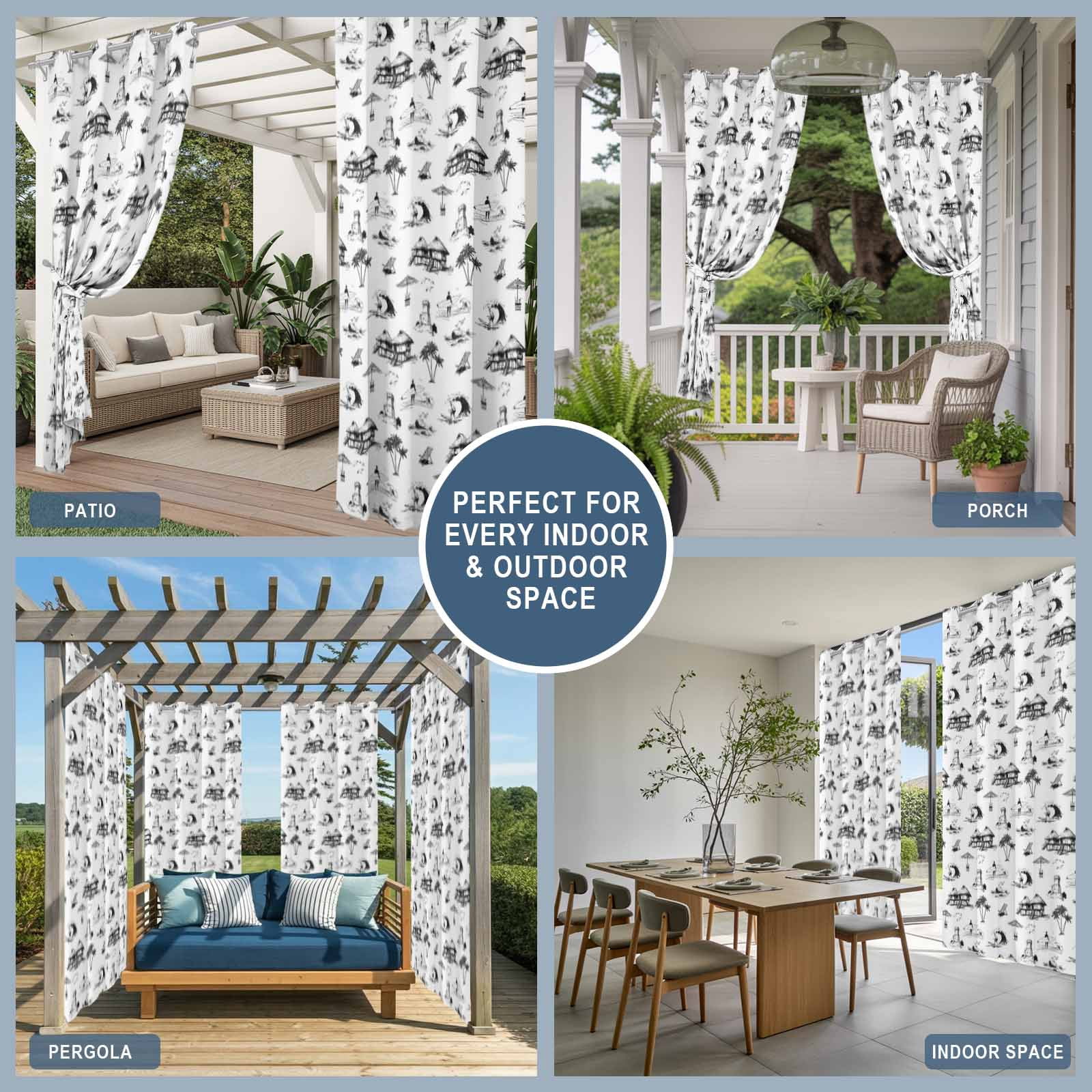 Coastal Holiday Outdoor Curtains for Patio, Ocean Coconut Tree Surfing Boat Black White Sunshade Privacy Drapes Grommet Waterproof Outside Curtains for Porch/Cabana/Balcony 54"x 108", 1 Panel