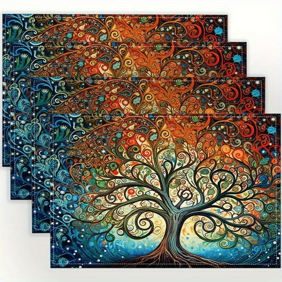 4pcs Tree of Life Pattern Linen Placemats, Table Mats Durable Washable Rustic Linen Vintage Placemats for Home Dinner Party Camping Wedding Table Decoration 12 x 18 Inch