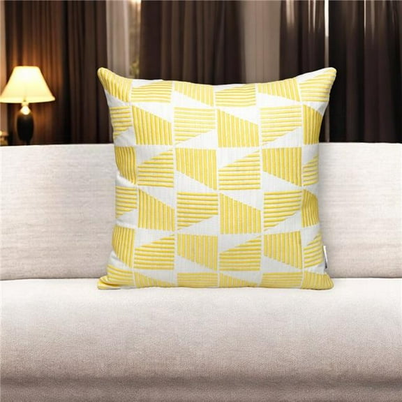 HomeRoots 529273 18 in. Yellow & White Geometric Cotton Throw Pillow with Embroidery
